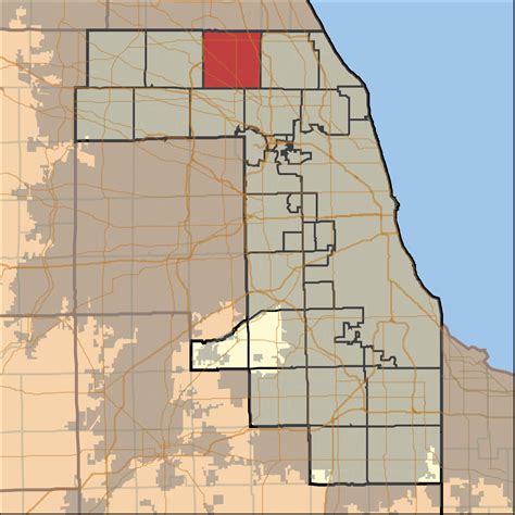 Map of Cook County, Illinois with Wheeling Township highlighted in red, showing its location relative to the county's other townships and Lake Michigan